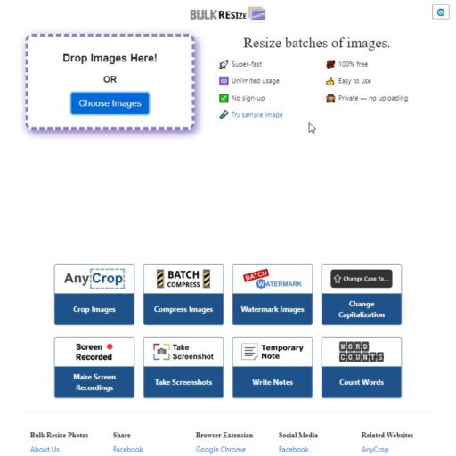 Free online batch image editing software for resizing and cropping images without downloads.