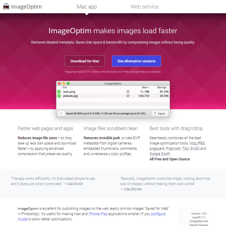ImageOptim tool with drag-and-drop compression for Mac users